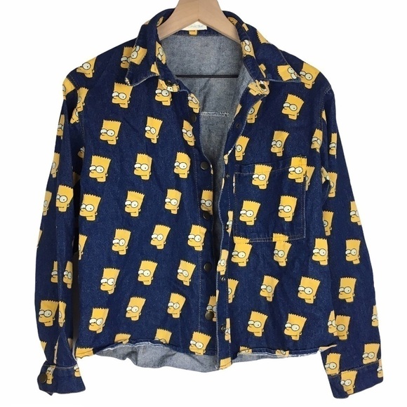 Bart Simpson LUNATIC BLUE Denim Jean Jacket Shirt Shacket Cartoon Fun Retro Snap - Picture 4 of 11